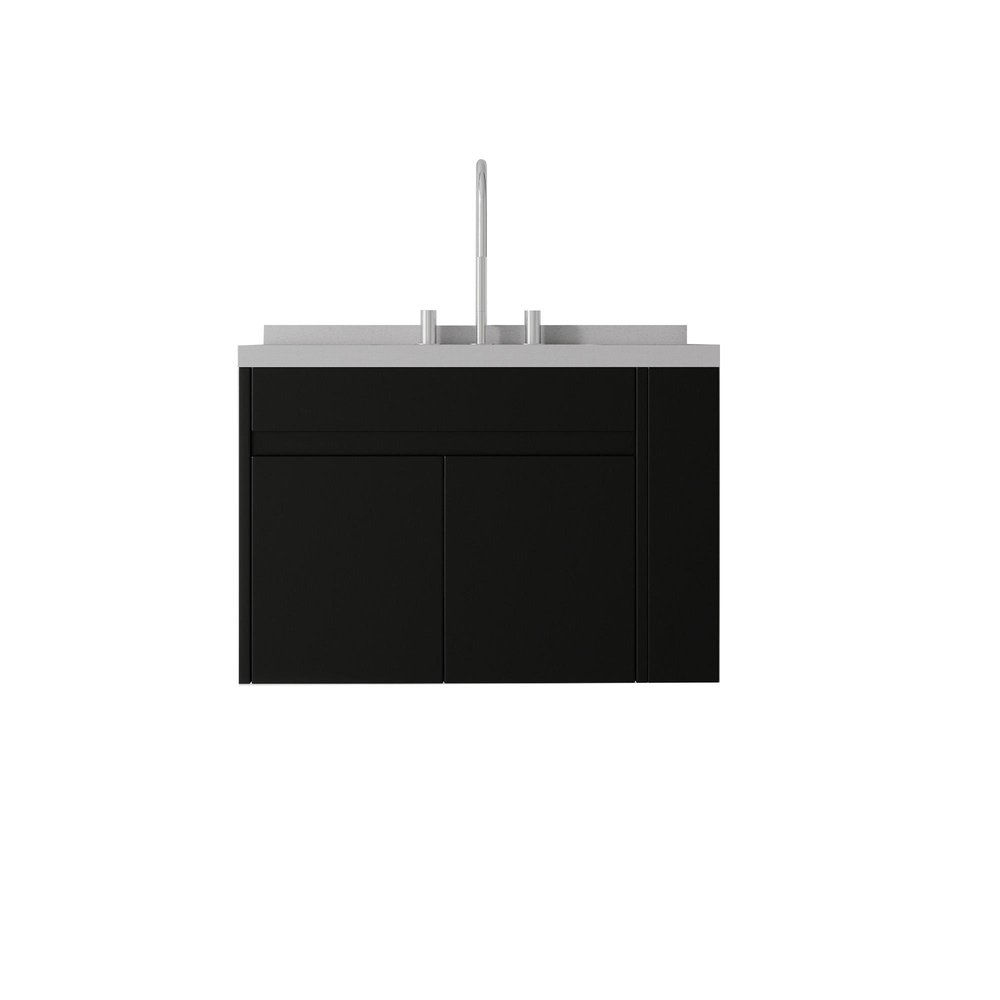 30" Black Wood Floating Double Door Bathroom Vanity With White Ceramic Sink
