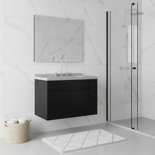 30" Black Wood Floating Double Door Bathroom Vanity With White Ceramic Sink