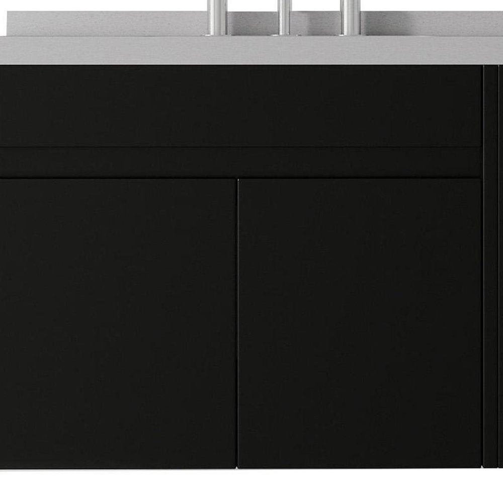 30" Black Wood Floating Double Door Bathroom Vanity With White Ceramic Sink
