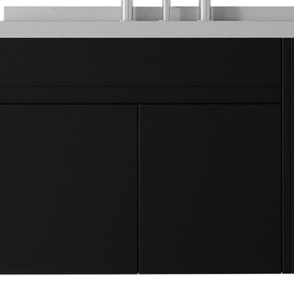 30" Black Wood Floating Double Door Bathroom Vanity With White Ceramic Sink