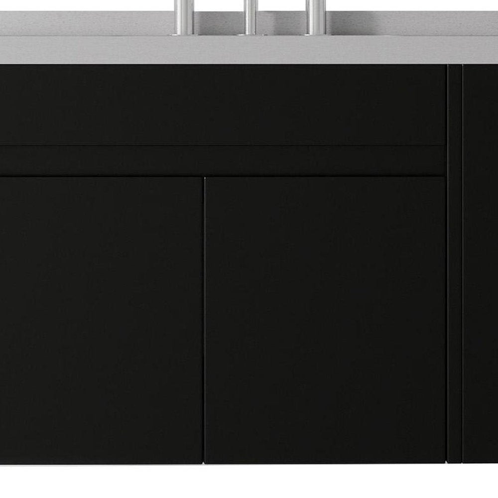 30" Black Wood Floating Double Door Bathroom Vanity With White Ceramic Sink