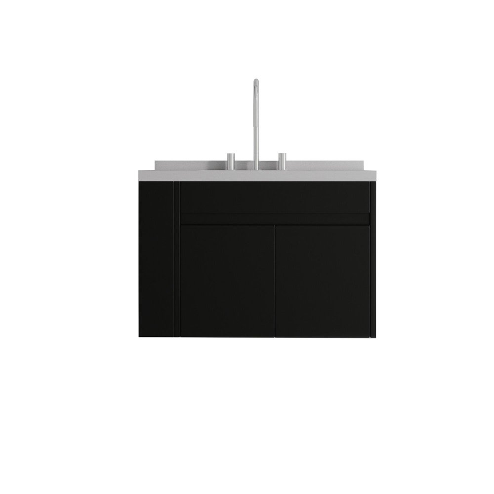 30" Black Wood Floating Double Door Bathroom Vanity With White Ceramic Sink HomeRoots