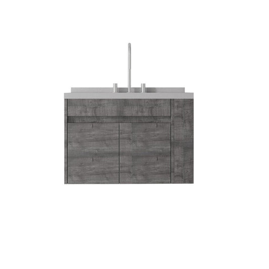 30" Gray Wood Floating Double Door Bathroom Vanity With White Ceramic Sink