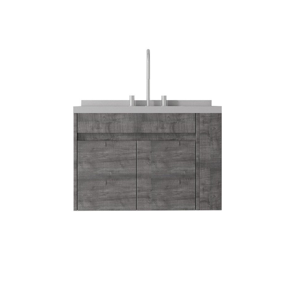30" Gray Wood Floating Double Door Bathroom Vanity With White Ceramic Sink — view 1