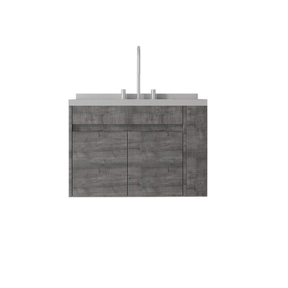 30" Gray Wood Floating Double Door Bathroom Vanity With White Ceramic Sink HomeRoots