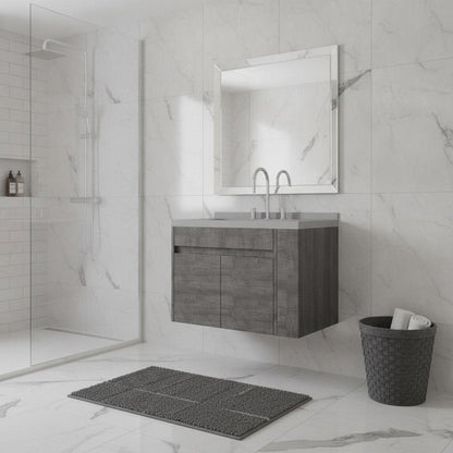 30" Gray Wood Floating Double Door Bathroom Vanity With White Ceramic Sink HomeRoots