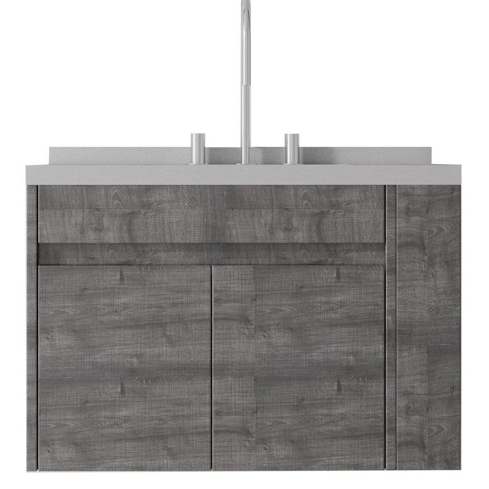30" Gray Wood Floating Double Door Bathroom Vanity With White Ceramic Sink — view 3
