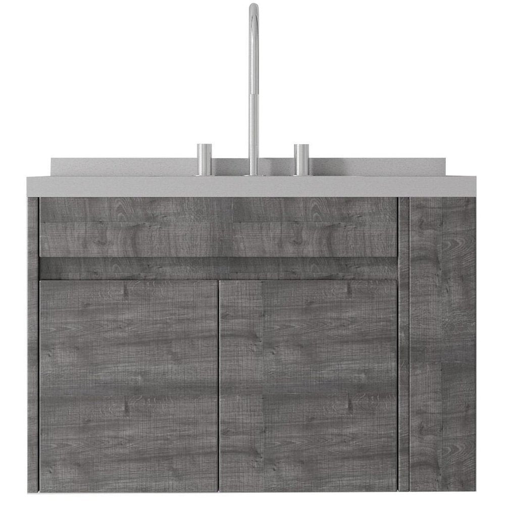 30" Gray Wood Floating Double Door Bathroom Vanity With White Ceramic Sink HomeRoots
