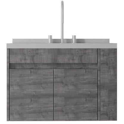 30" Gray Wood Floating Double Door Bathroom Vanity With White Ceramic Sink HomeRoots