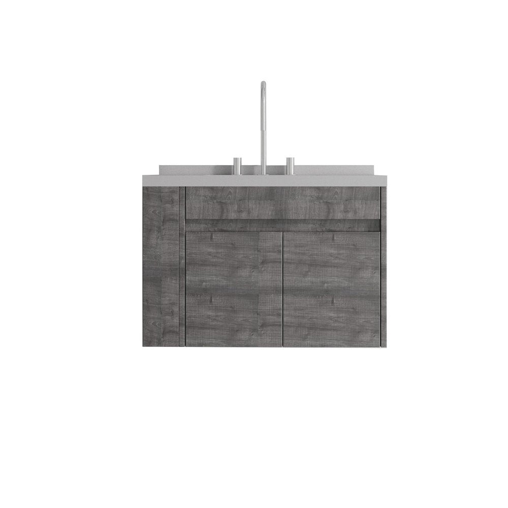 30" Gray Wood Floating Double Door Bathroom Vanity With White Ceramic Sink HomeRoots