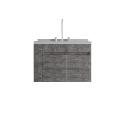 30" Gray Wood Floating Double Door Bathroom Vanity With White Ceramic Sink HomeRoots
