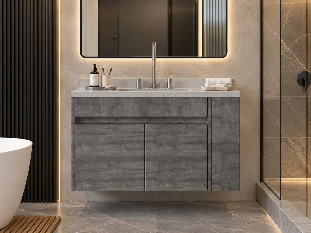 30" Gray Wood Floating Double Door Bathroom Vanity With White Ceramic Sink — view 5