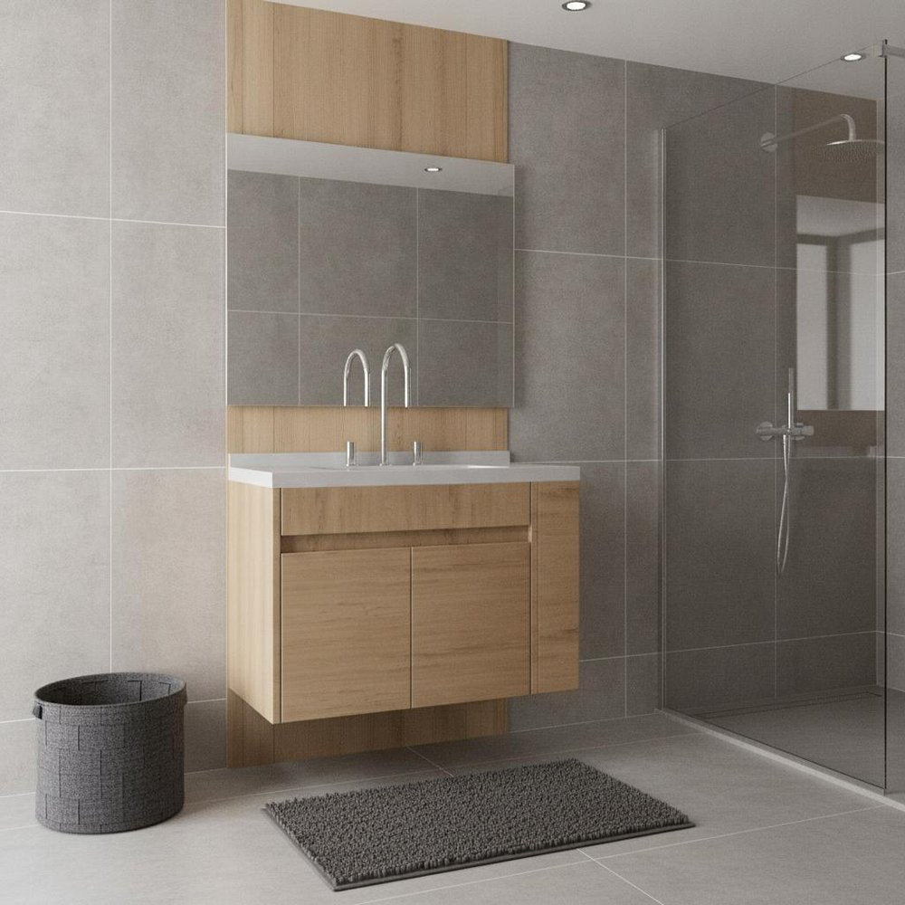 30" Brown Wood Floating Double Door Bathroom Vanity With White Ceramic Sink HomeRoots