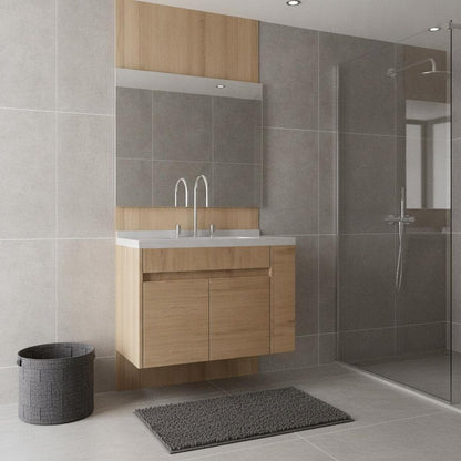 30" Brown Wood Floating Double Door Bathroom Vanity With White Ceramic Sink HomeRoots