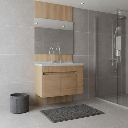 30" Brown Wood Floating Double Door Bathroom Vanity With White Ceramic Sink HomeRoots