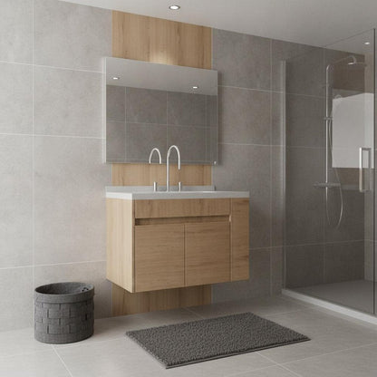 30" Brown Wood Floating Double Door Bathroom Vanity With White Ceramic Sink