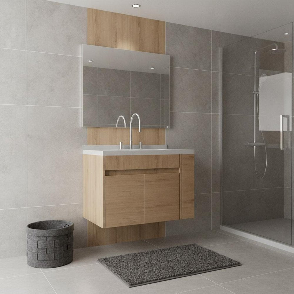 30" Brown Wood Floating Double Door Bathroom Vanity With White Ceramic Sink — view 3