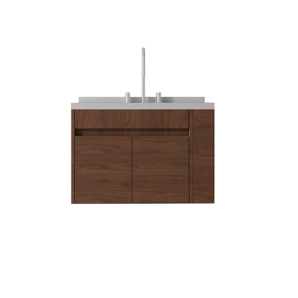 30" Brown Wood Floating Double Door Bathroom Vanity With White Ceramic Sink HomeRoots