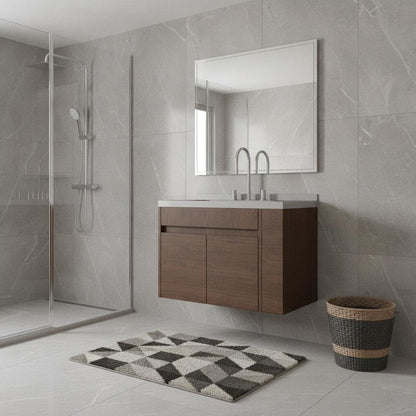 30" Brown Wood Floating Double Door Bathroom Vanity With White Ceramic Sink HomeRoots