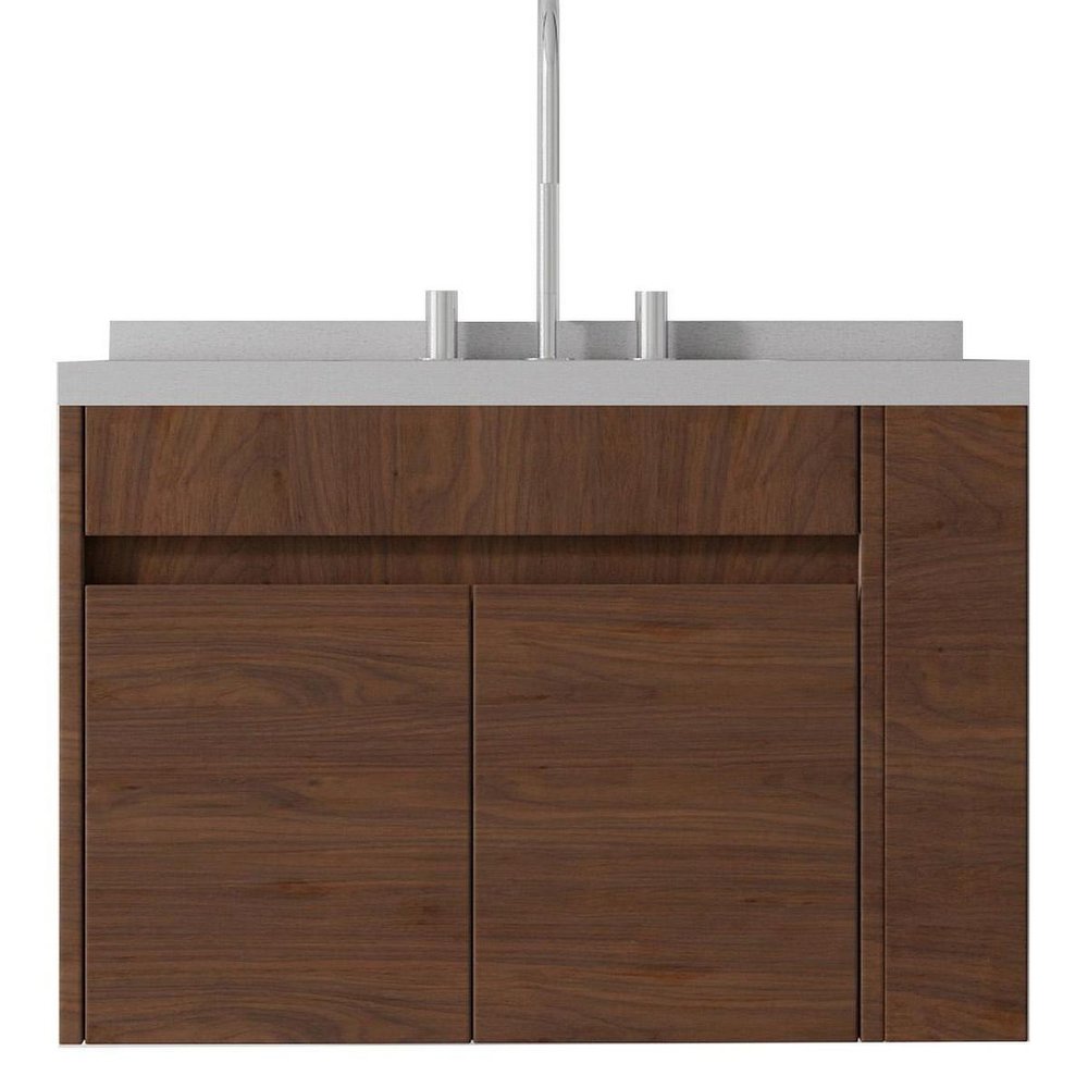 30" Brown Wood Floating Double Door Bathroom Vanity With White Ceramic Sink — view 3