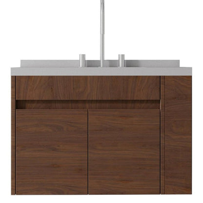 30" Brown Wood Floating Double Door Bathroom Vanity With White Ceramic Sink HomeRoots