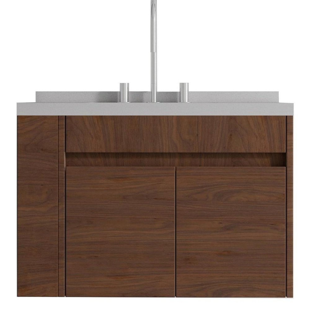 30" Brown Wood Floating Double Door Bathroom Vanity With White Ceramic Sink — view 4