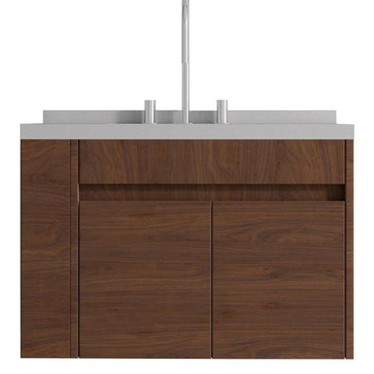 30" Brown Wood Floating Double Door Bathroom Vanity With White Ceramic Sink HomeRoots