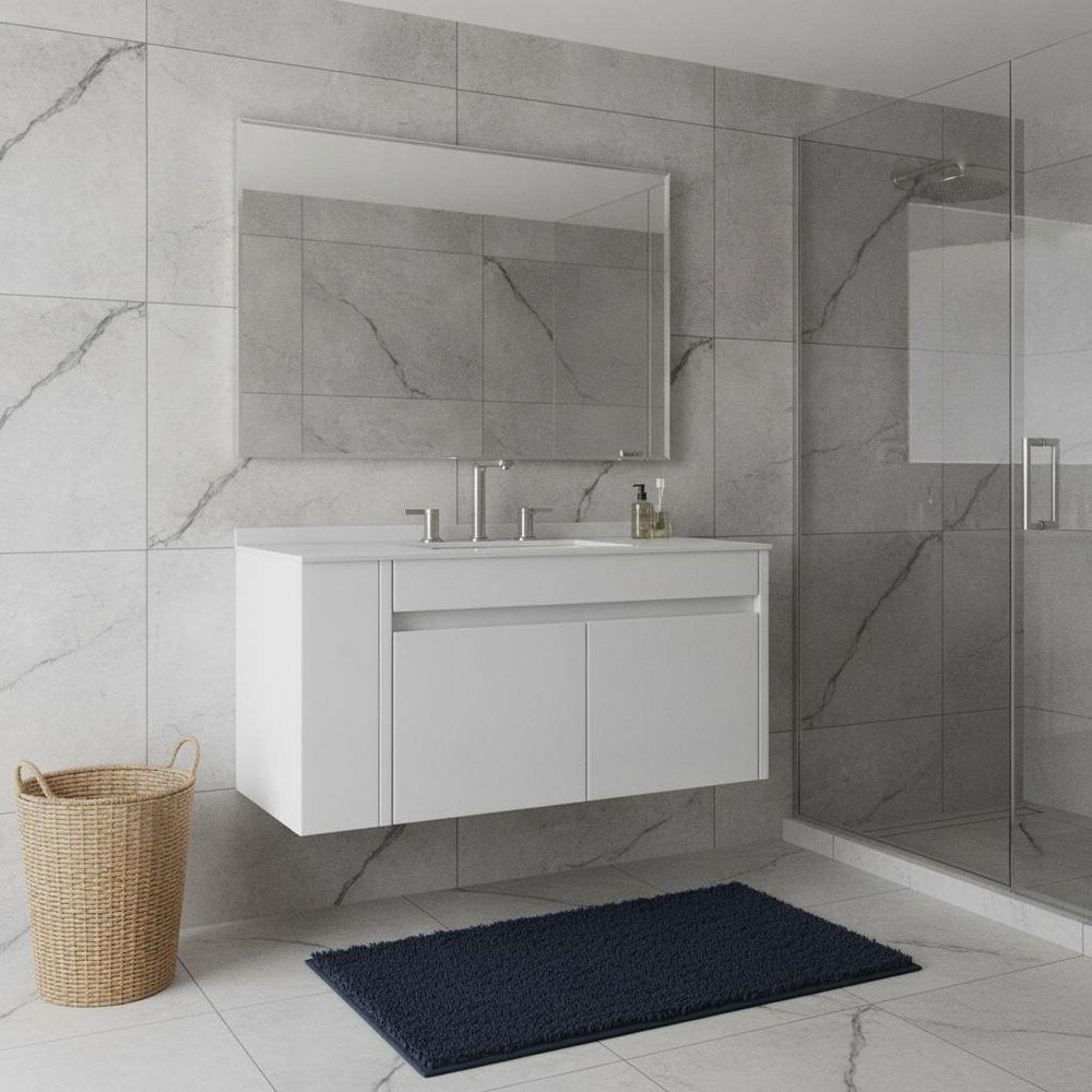 36" White Wood Floating Double Door Bathroom Vanity With Ceramic Sink — view 1
