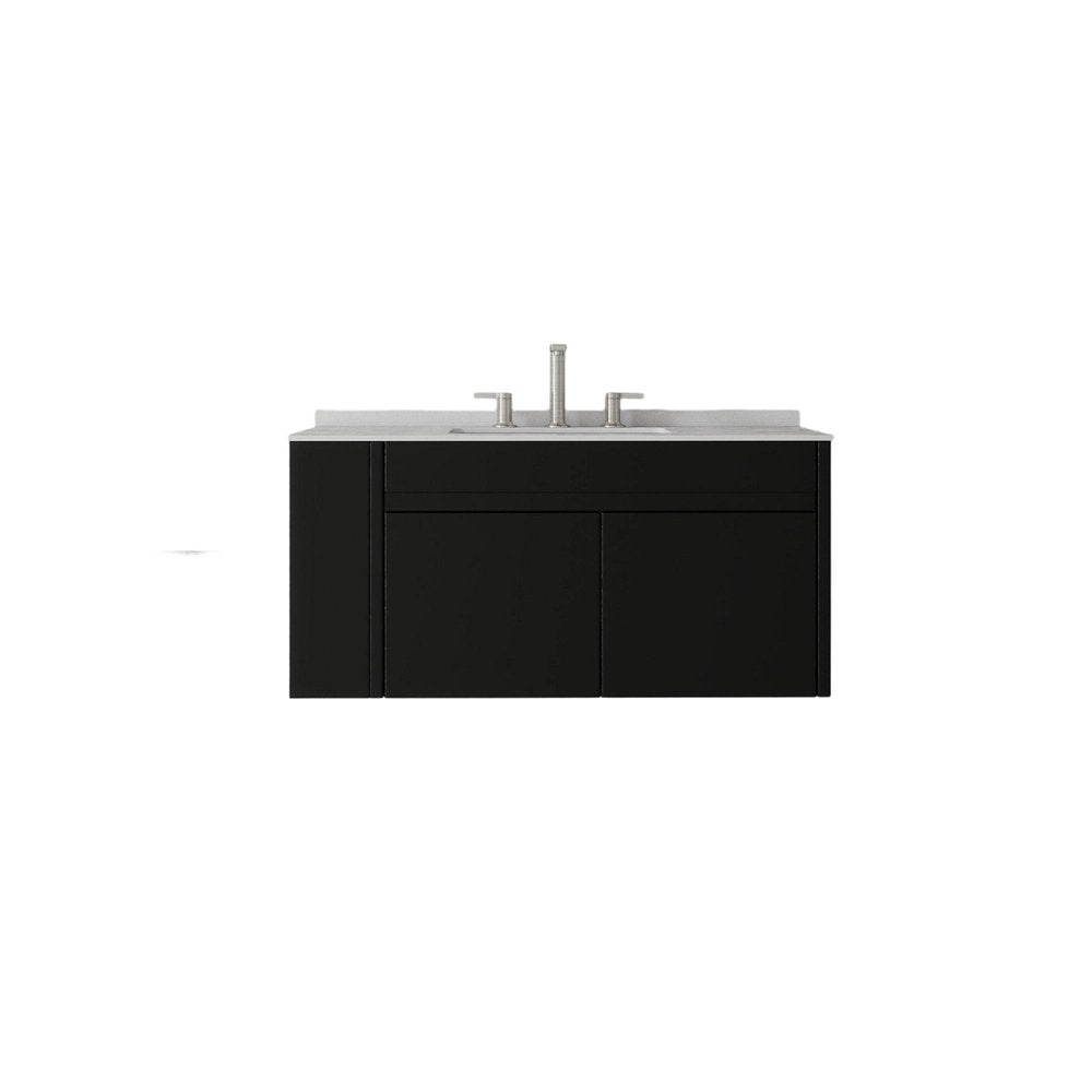 36" Black Wood Floating Double Door Bathroom Vanity With White Ceramic Sink HomeRoots