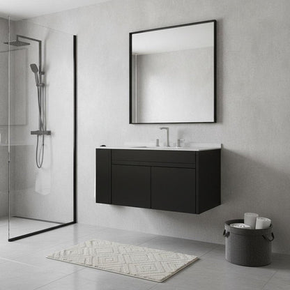 36" Black Wood Floating Double Door Bathroom Vanity With White Ceramic Sink HomeRoots