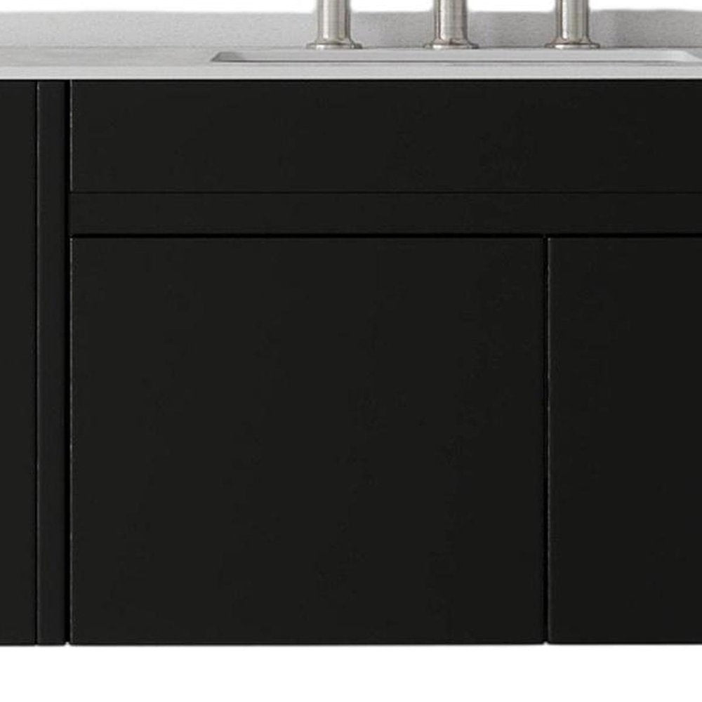 36" Black Wood Floating Double Door Bathroom Vanity With White Ceramic Sink HomeRoots