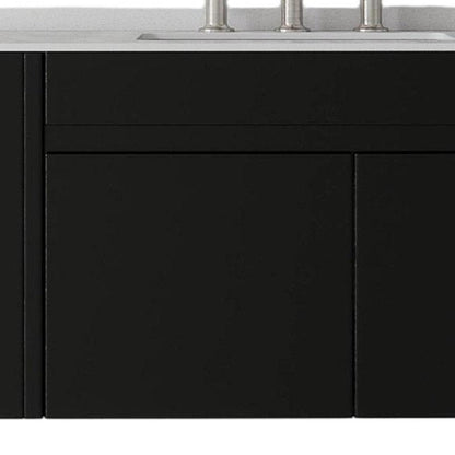 36" Black Wood Floating Double Door Bathroom Vanity With White Ceramic Sink