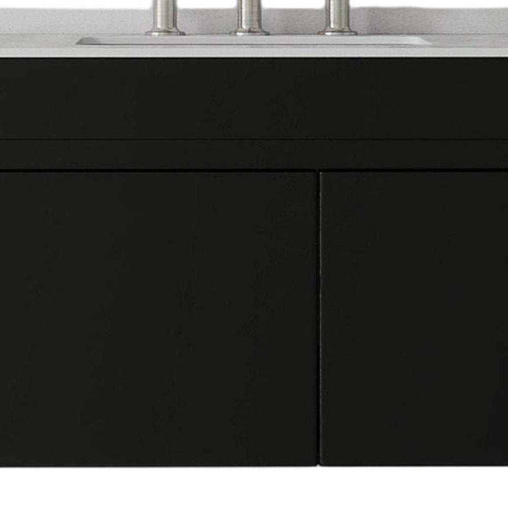 36" Black Wood Floating Double Door Bathroom Vanity With White Ceramic Sink HomeRoots