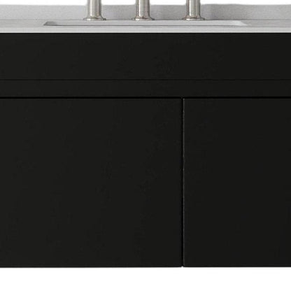 36" Black Wood Floating Double Door Bathroom Vanity With White Ceramic Sink