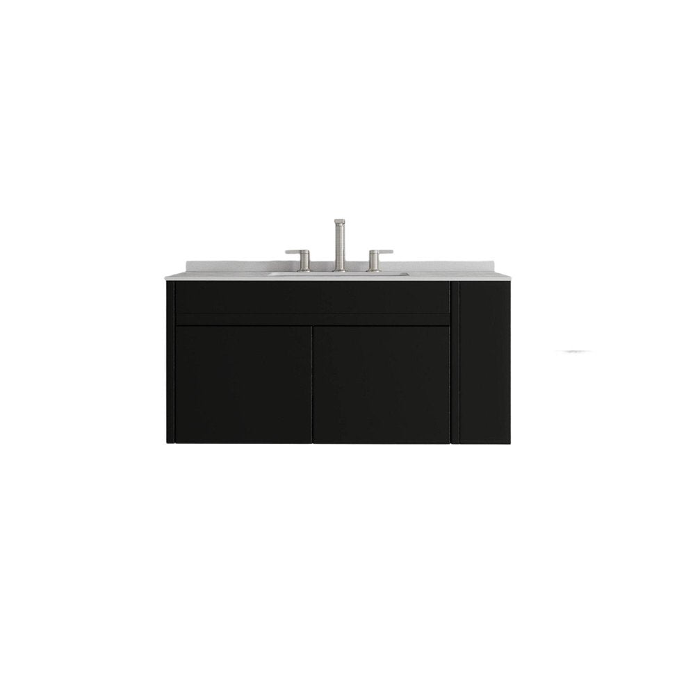 36" Black Wood Floating Double Door Bathroom Vanity With White Ceramic Sink HomeRoots