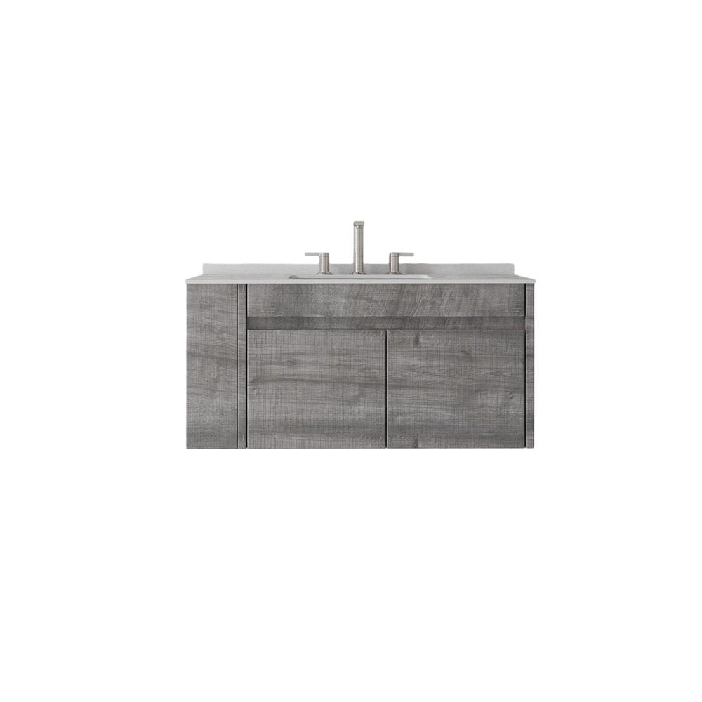 36" Gray Wood Floating Double Door Bathroom Vanity With White Ceramic Sink — view 1