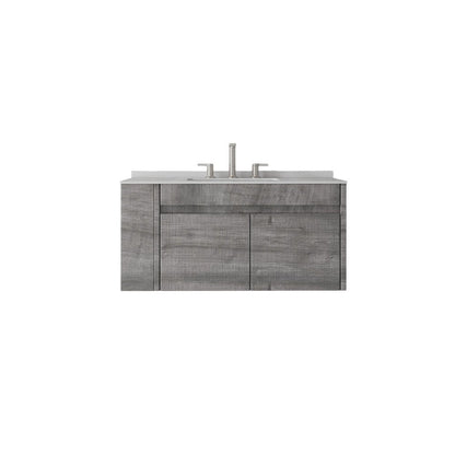 36" Gray Wood Floating Double Door Bathroom Vanity With White Ceramic Sink HomeRoots
