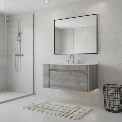 36" Gray Wood Floating Double Door Bathroom Vanity With White Ceramic Sink HomeRoots