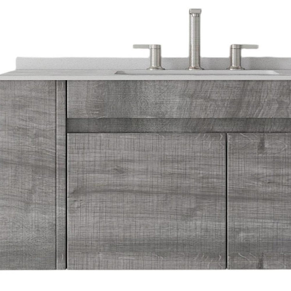 36" Gray Wood Floating Double Door Bathroom Vanity With White Ceramic Sink HomeRoots