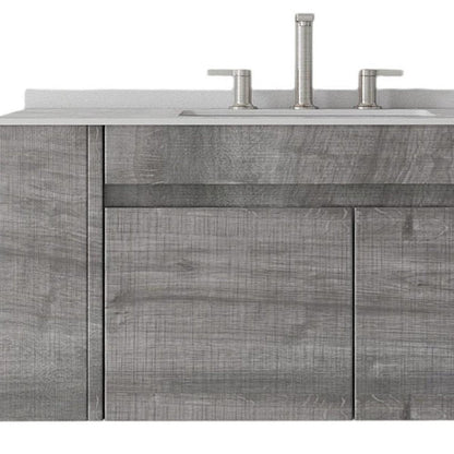 36" Gray Wood Floating Double Door Bathroom Vanity With White Ceramic Sink HomeRoots