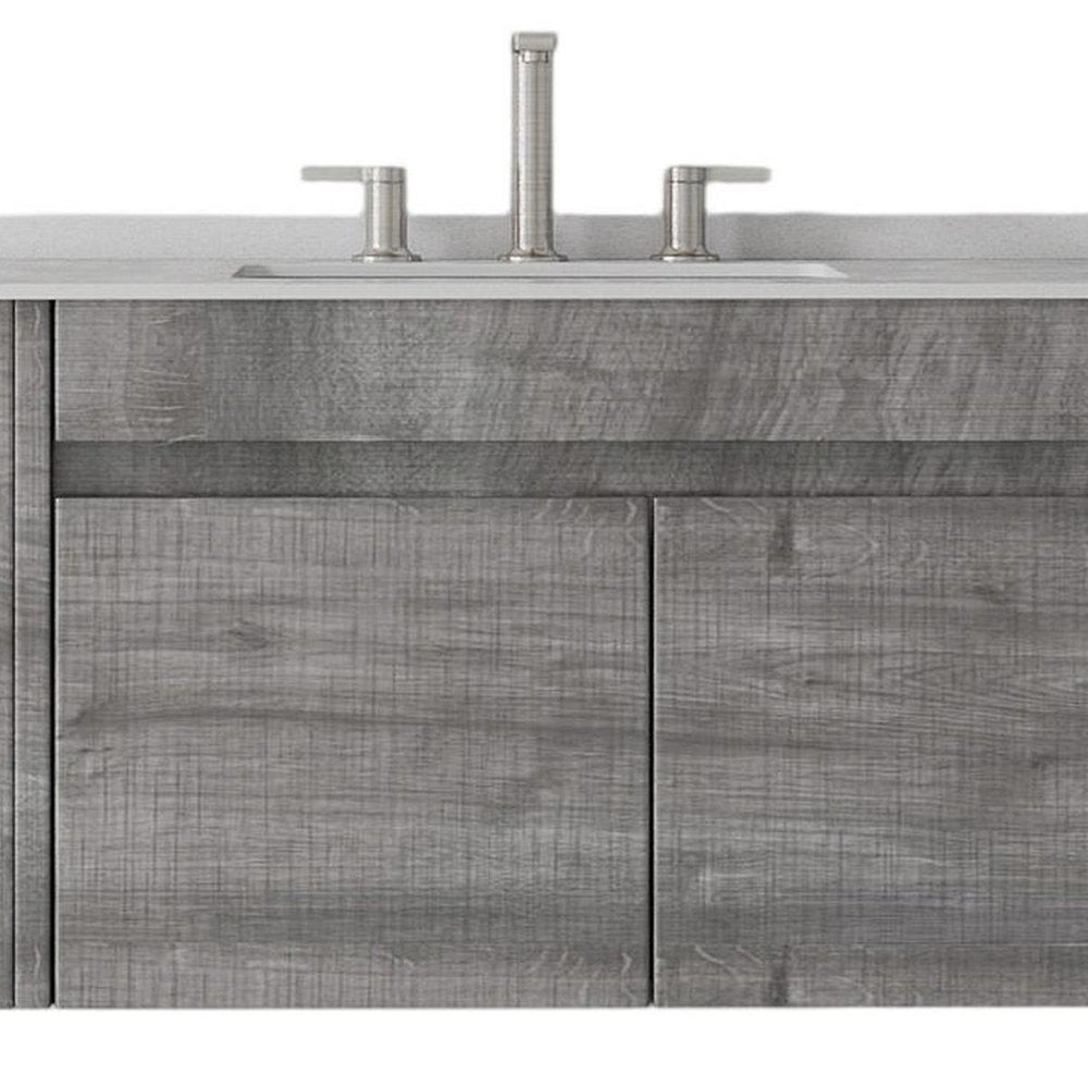 36" Gray Wood Floating Double Door Bathroom Vanity With White Ceramic Sink — view 4