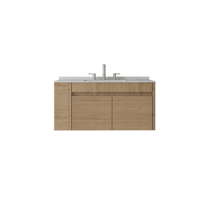 36" Brown Wood Floating Double Door Bathroom Vanity With White Ceramic Sink HomeRoots