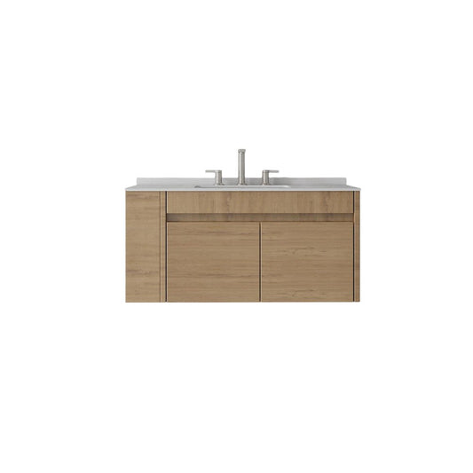 36" Brown Wood Floating Double Door Bathroom Vanity With White Ceramic Sink