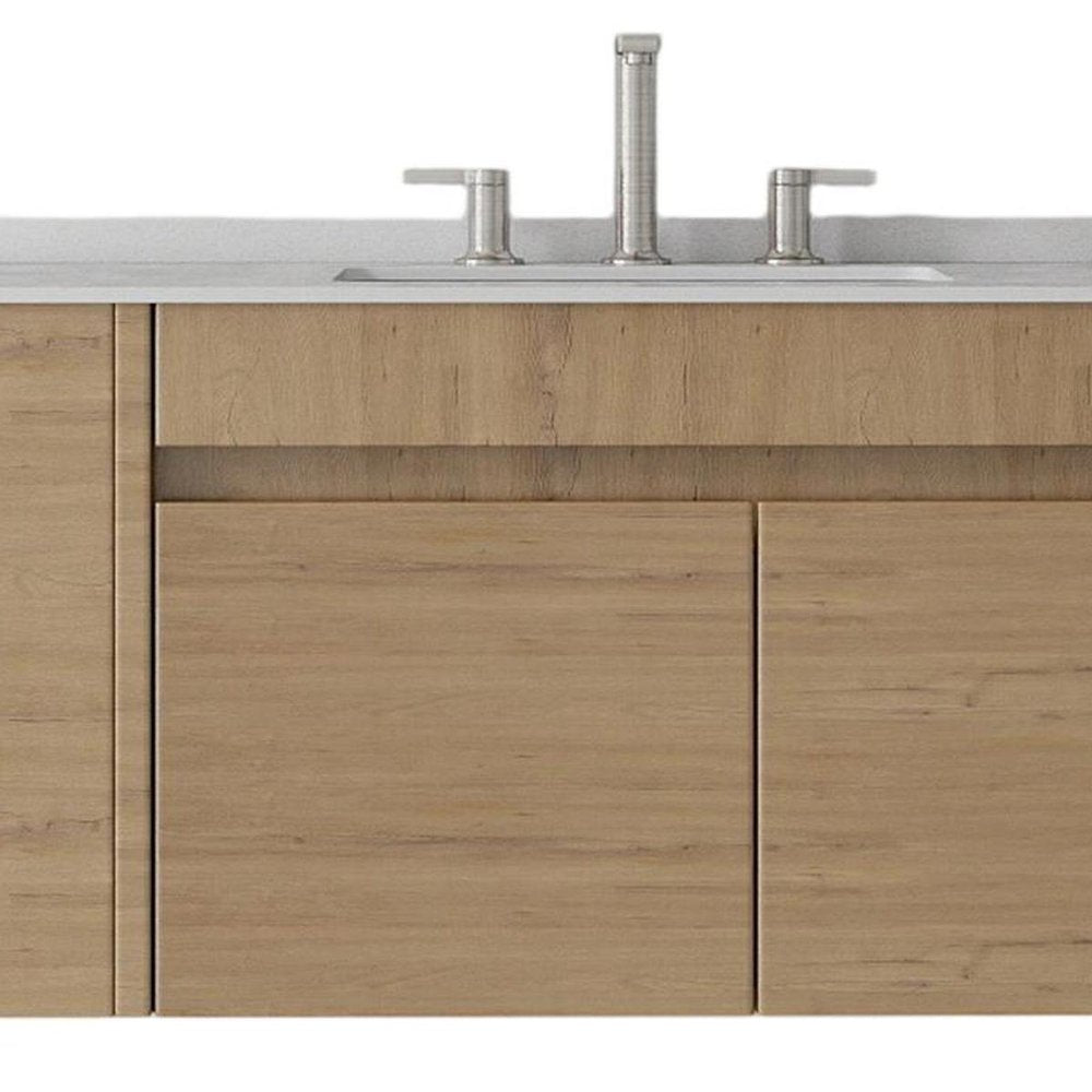 36" Brown Wood Floating Double Door Bathroom Vanity With White Ceramic Sink HomeRoots