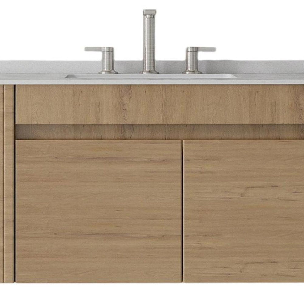 36" Brown Wood Floating Double Door Bathroom Vanity With White Ceramic Sink HomeRoots