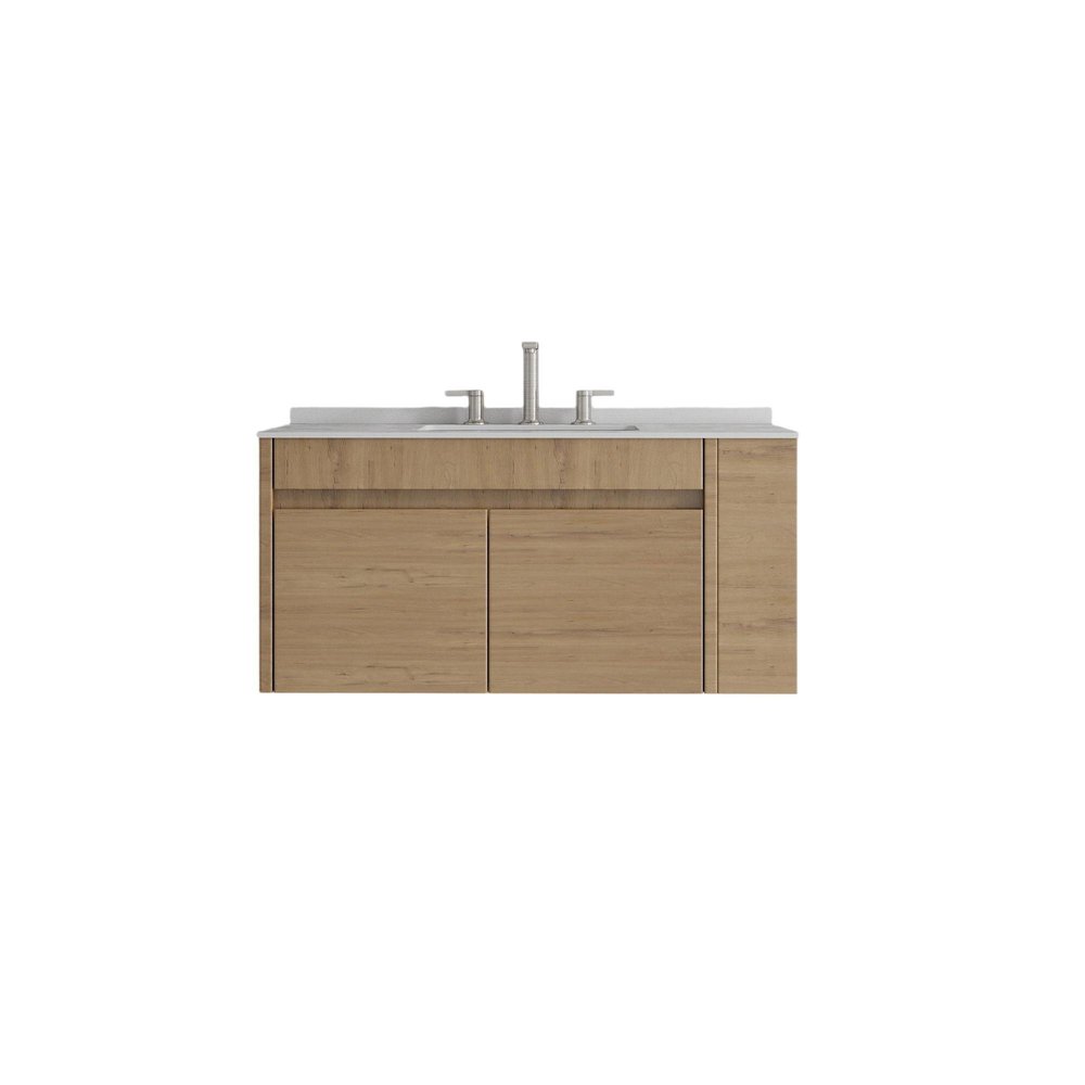 36" Brown Wood Floating Double Door Bathroom Vanity With White Ceramic Sink HomeRoots