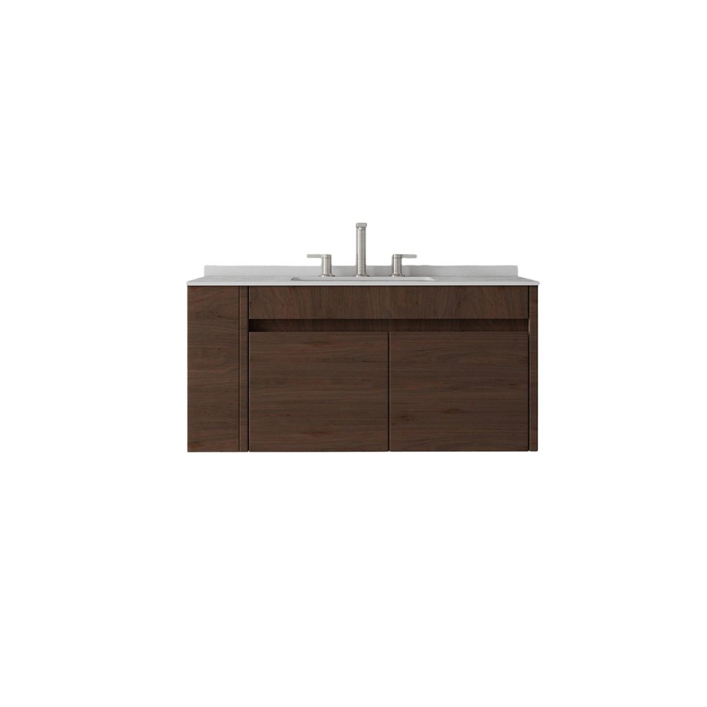 36" Brown Wood Floating Double Door Bathroom Vanity With White Ceramic Sink — view 1