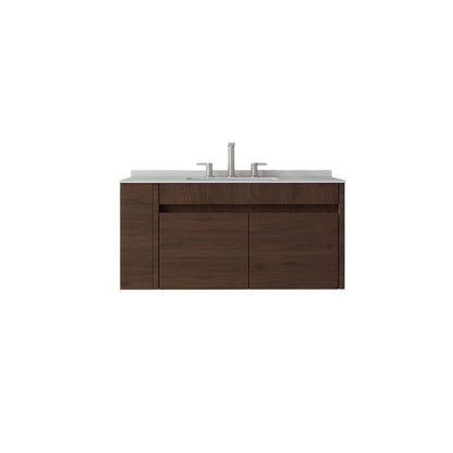 36" Brown Wood Floating Double Door Bathroom Vanity With White Ceramic Sink HomeRoots
