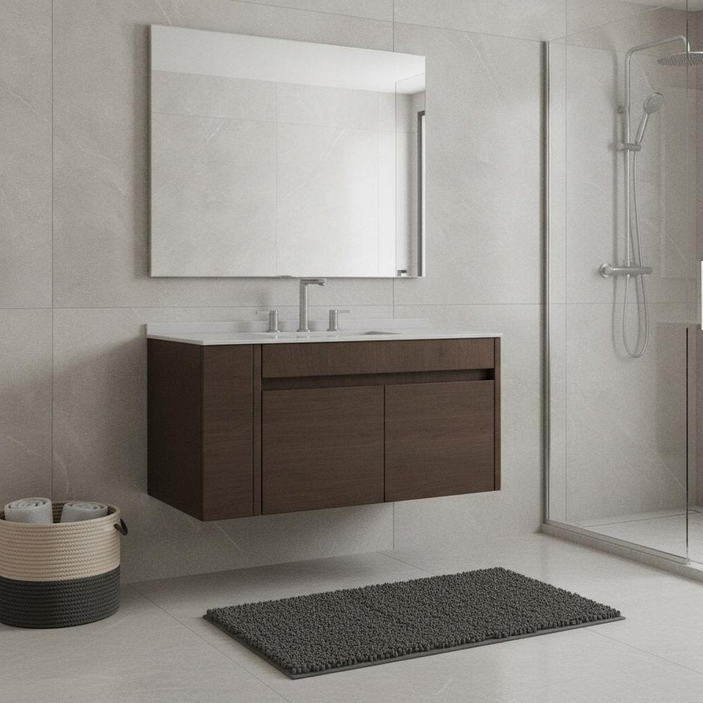 36" Brown Wood Floating Double Door Bathroom Vanity With White Ceramic Sink HomeRoots