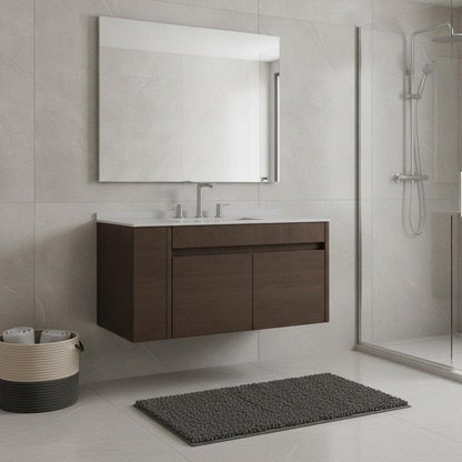 36" Brown Wood Floating Double Door Bathroom Vanity With White Ceramic Sink HomeRoots